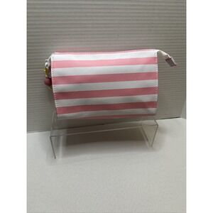 Pink & White Stripe Faux Leather Makeup‎ Bag With Pink Ball Charm.
